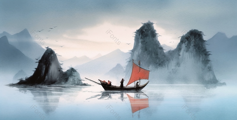 帆船山川湖泊景色自然意境中国山水国风水墨画背景,插画/手绘图,插画/手绘图库,插画/手绘图下载,插画/手绘